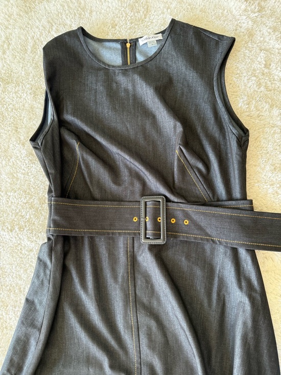 Calvin Klein Dresses & Skirts - Calvin Klein Denim Shift Dress with Yellow Stitching & Belt